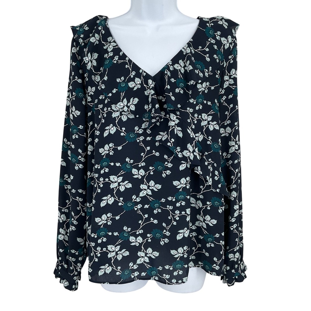 LOFT Blouse Womens Sz S Navy Floral Ruffle V-Neck Long Sleeve Boho Airy Modest